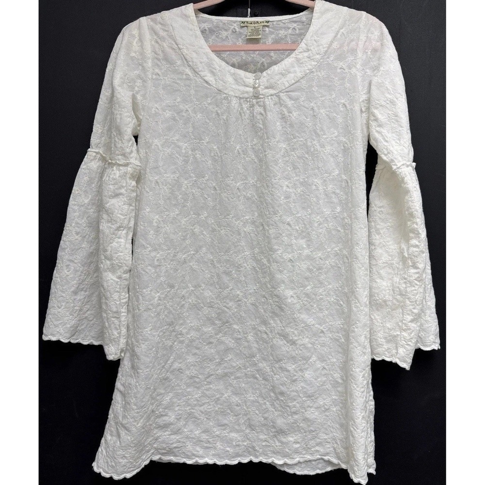 Blue Plate White Cotton Eyelet Tunic Blouse L Boho Bow Henley Bell Sleeve Top